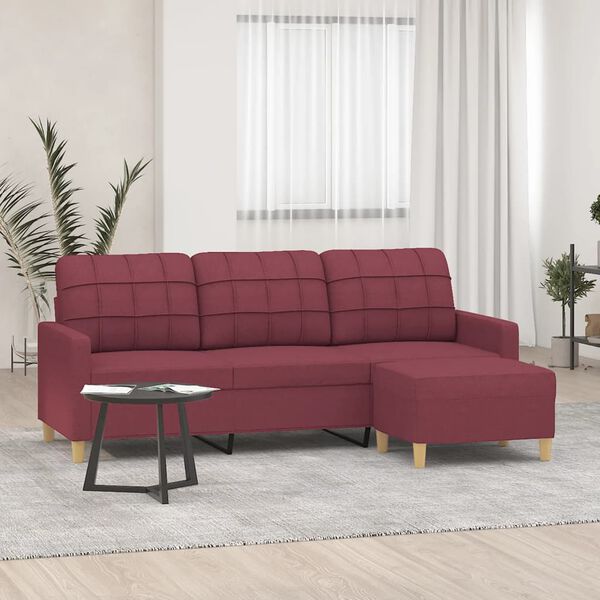 vidaXL Sof&aacute; de 3 plazas con taburete de tela rojo tinto 180 cm