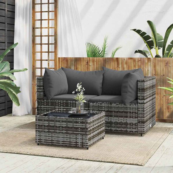 vidaXL Set de muebles de jard&iacute;n 3 pzas y cojines rat&aacute;n sint&eacute;tico gris