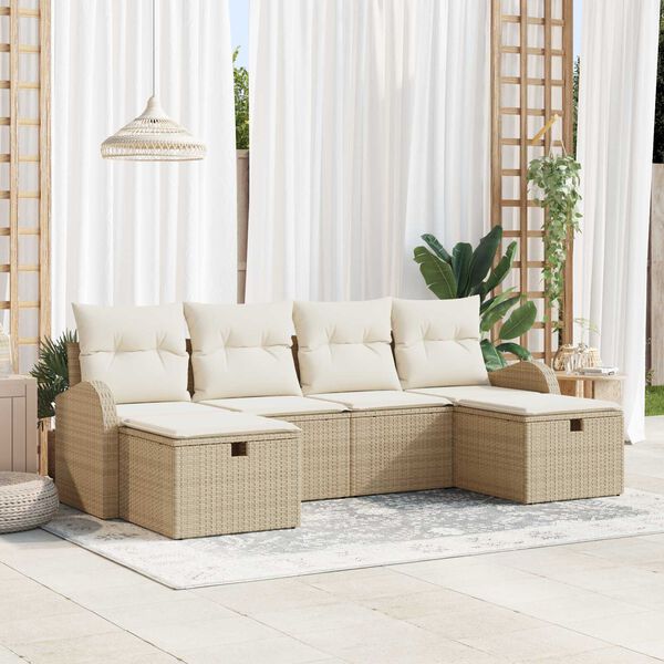 vidaXL Conjunto de sof&aacute; de jard&iacute;n 6 pcs Beige rat&aacute;n sint&eacute;tico