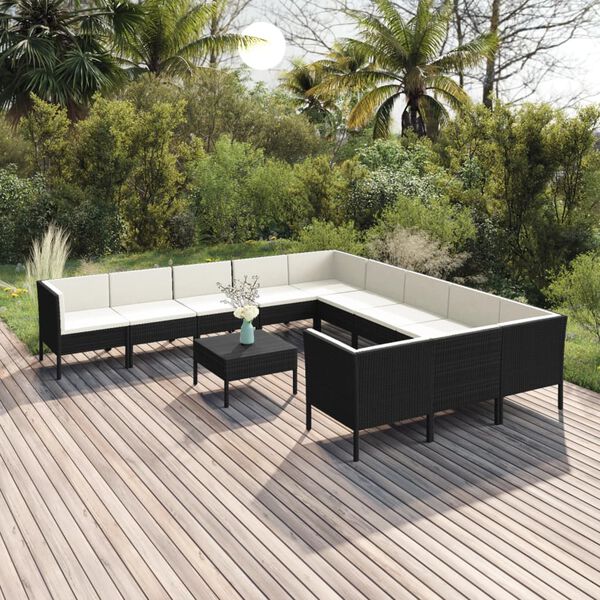 vidaXL Set de muebles de jard&iacute;n 12 pzas cojines rat&aacute;n sint&eacute;tico negro
