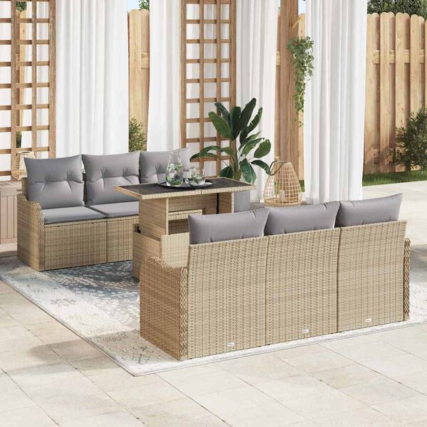 vidaXL Conjunto de sof&aacute; de jard&iacute;n con coj&iacute;n 7 pcs Beige Polirat&aacute;n