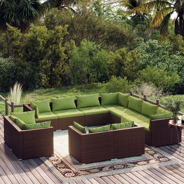 vidaXL Set muebles de jard&iacute;n 11 piezas cojines rat&aacute;n sint&eacute;tico marr&oacute;n