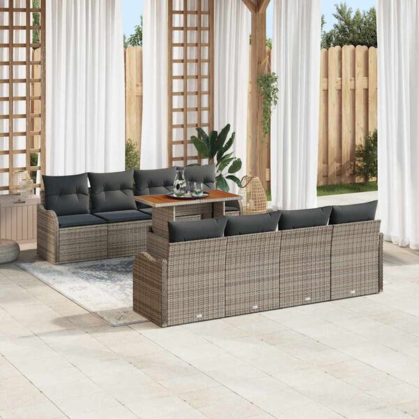 vidaXL Conjunto de sof&aacute; de jard&iacute;n 9 pcs Gris Polirat&aacute;n