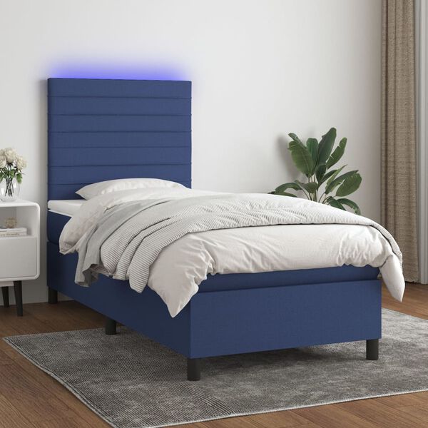 vidaXL Cama box spring colch&oacute;n y luces LED tela azul 90x190 cm