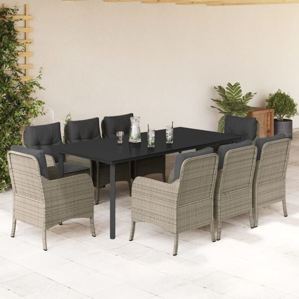 vidaXL Set comedor de jard&iacute;n 9 pzas cojines rat&aacute;n sint&eacute;tico gris claro