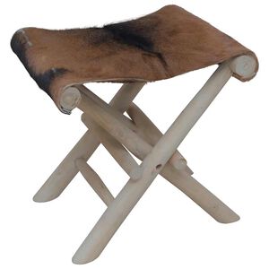 vidaXL Taburete plegable de piel de cabra y madera de teca maciza
