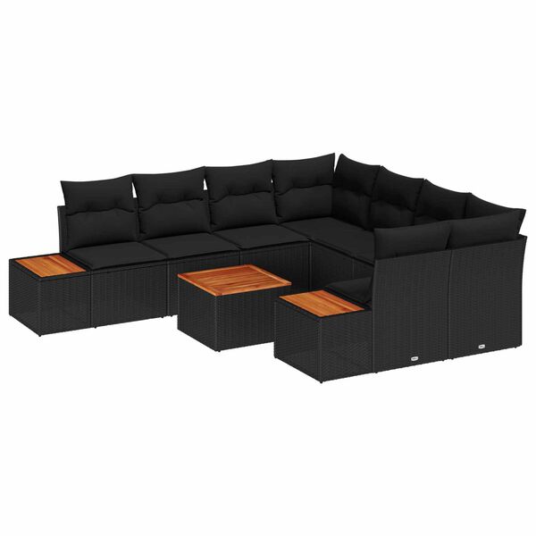 vidaXL Conjunto de sof&aacute; de jard&iacute;n con coj&iacute;n 9 pcs Negro Polirat&aacute;n