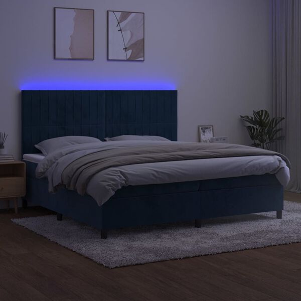 vidaXL Cama box spring colch&oacute;n y LED terciopelo azul oscuro 200x200 cm