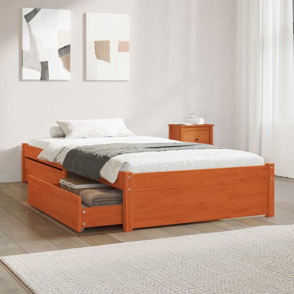 vidaXL Estructura de cama con caj&oacute;n 3 pcs Marr&oacute;n cera Madera de pino