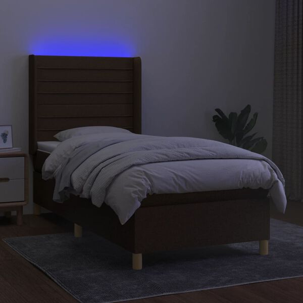 vidaXL Cama box spring colch&oacute;n y luces LED tela marr&oacute;n oscuro 80x200cm