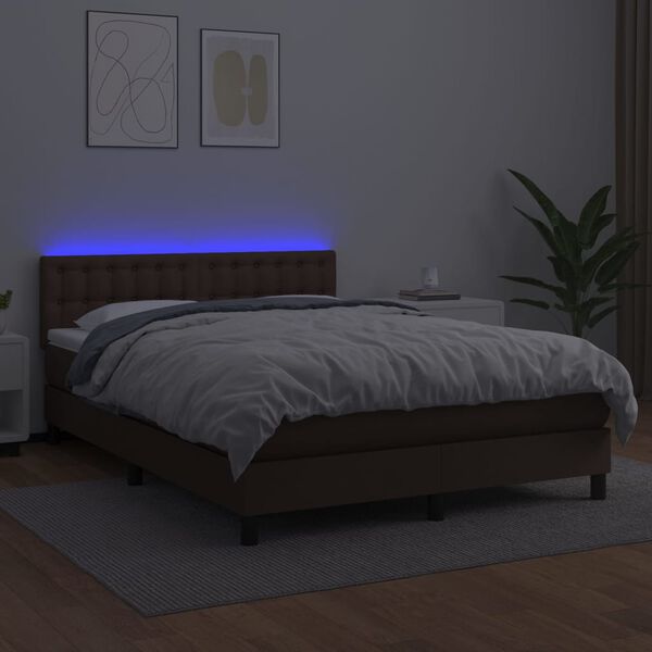 vidaXL Cama box spring colch&oacute;n y LED cuero sint&eacute;tico marr&oacute;n 140x200 cm