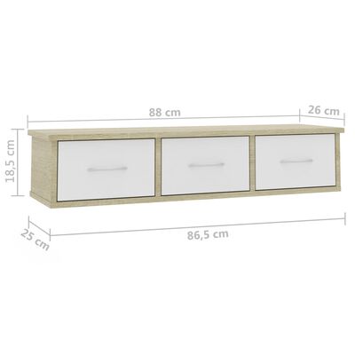 vidaXL Estante cajones pared contrachapada blanco y roble 88x26x18,5cm