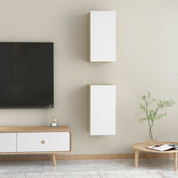 vidaXL Mueble de TV 2 uds contrachapada blanco y roble 30,5x30x60 cm