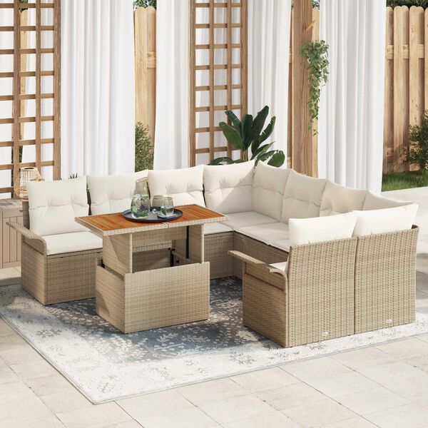 vidaXL Conjunto de sof&aacute; de jard&iacute;n 9 pcs Beige Polirat&aacute;n