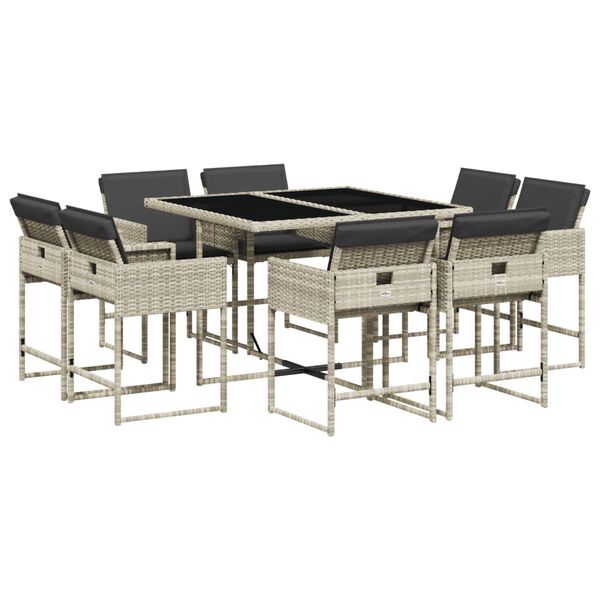 vidaXL Set comedor de jard&iacute;n 9 pzas cojines rat&aacute;n sint&eacute;tico gris claro