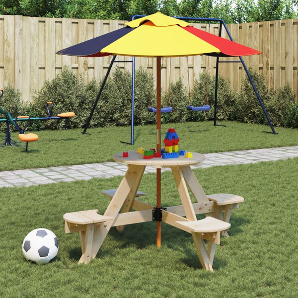 vidaXL Mesa de picnic para 4 ni&ntilde;os agujero para sombrilla madera abeto