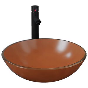 vidaXL Lavabo de ba&ntilde;o grifo y desag&uuml;e de empuje vidrio templado marr&oacute;n