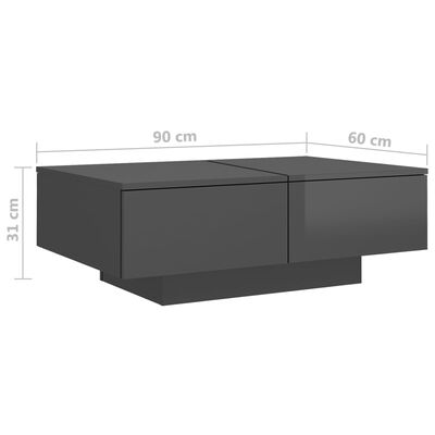 vidaXL Mesa de centro madera contrachapada gris brillante 90x60x31 cm