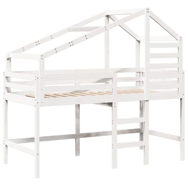 vidaXL Cama alta escalera y techo madera maciza pino blanca 90x190 cm