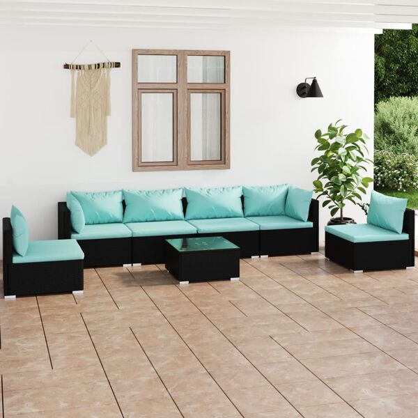 vidaXL Set de muebles de jard&iacute;n 7 pzas y cojines rat&aacute;n sint&eacute;tico negro