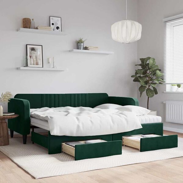 vidaXL Sof&aacute; cama nido con cajones terciopelo verde oscuro 90x200 cm