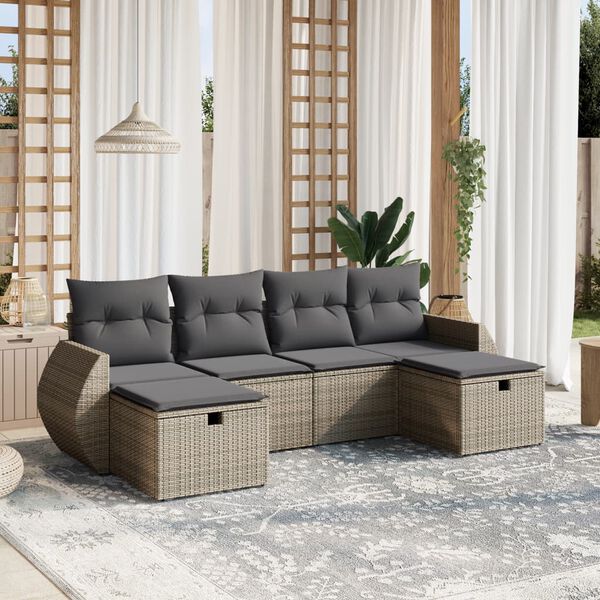 vidaXL Set de muebles de jard&iacute;n 6 pzas y cojines rat&aacute;n sint&eacute;tico gris