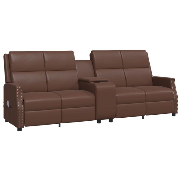 vidaXL Sillón reclinable masaje 4 plazas y portavasos cuero PE marrón