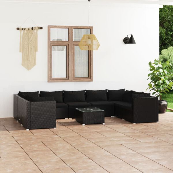 vidaXL Set de muebles de jard&iacute;n 10 pzas cojines rat&aacute;n sint&eacute;tico negro