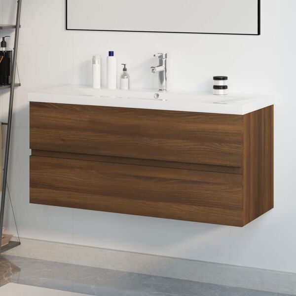 vidaXL Mueble de ba&ntilde;o con lavabo madera contrachapada marr&oacute;n roble