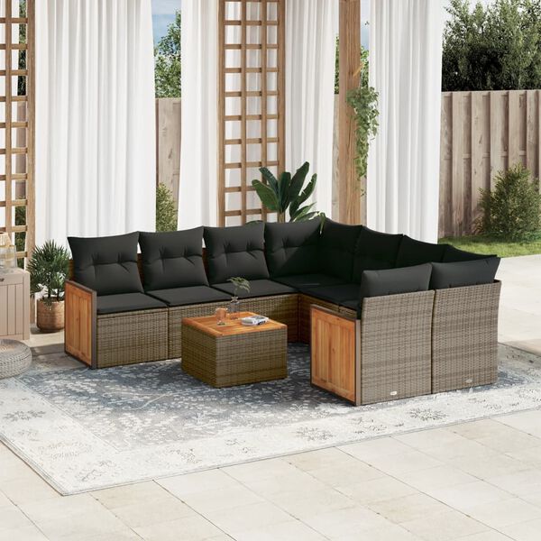 vidaXL Set de muebles de jard&iacute;n 9 pzas y cojines rat&aacute;n sint&eacute;tico gris