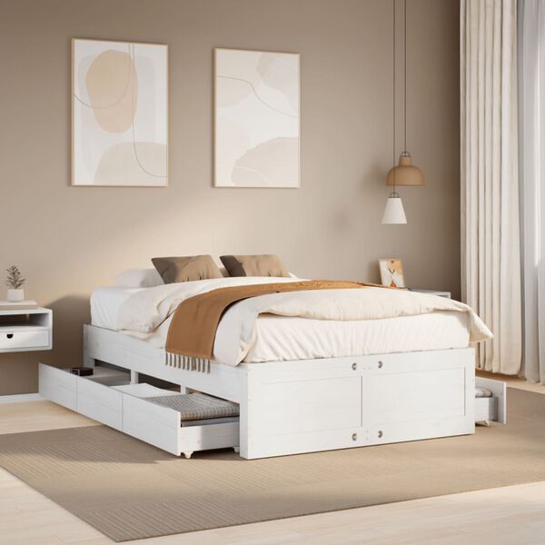 vidaXL Cama sin colch&oacute;n con cajones madera de pino blanco 135x190 cm