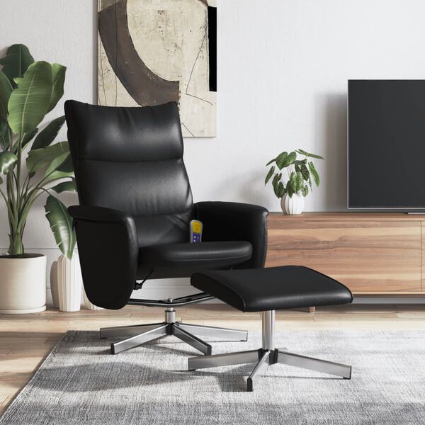 vidaXL Sill&oacute;n reclinable masaje con reposapi&eacute;s cuero sint&eacute;tico negro