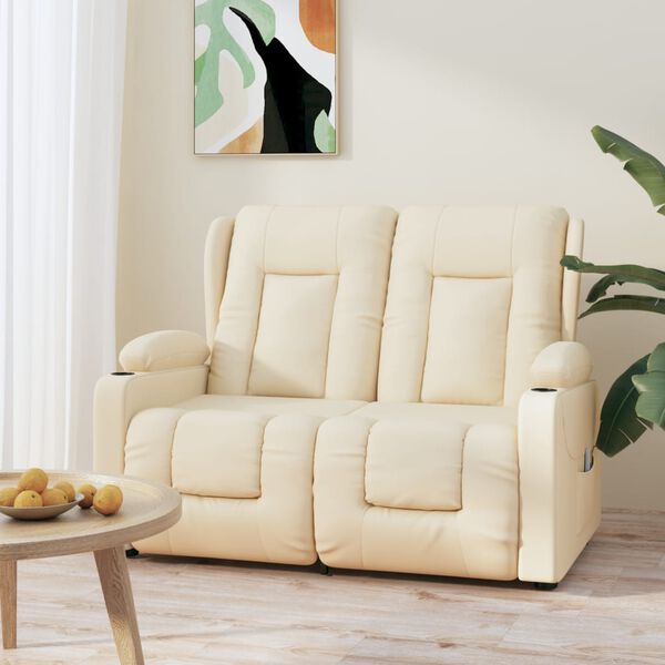 vidaXL Sill&oacute;n reclinable masaje 2 plazas y portavasos cuero PE crema