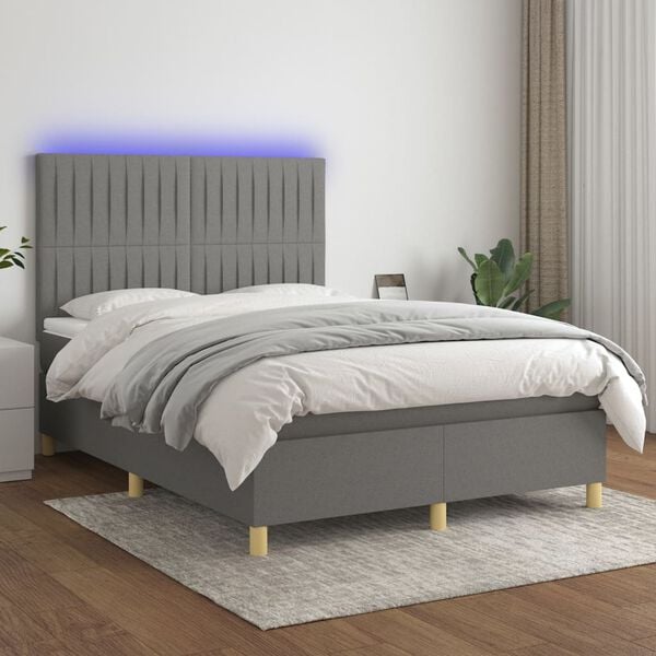 vidaXL Cama box spring colch&oacute;n y luces LED tela gris oscuro 140x200 cm