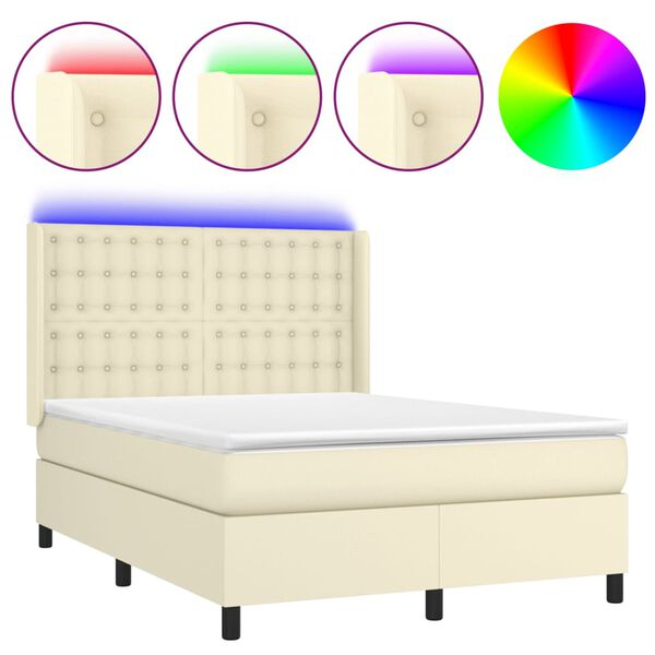 vidaXL Cama box spring colch&oacute;n y LED cuero sint&eacute;tico crema 140x200 cm