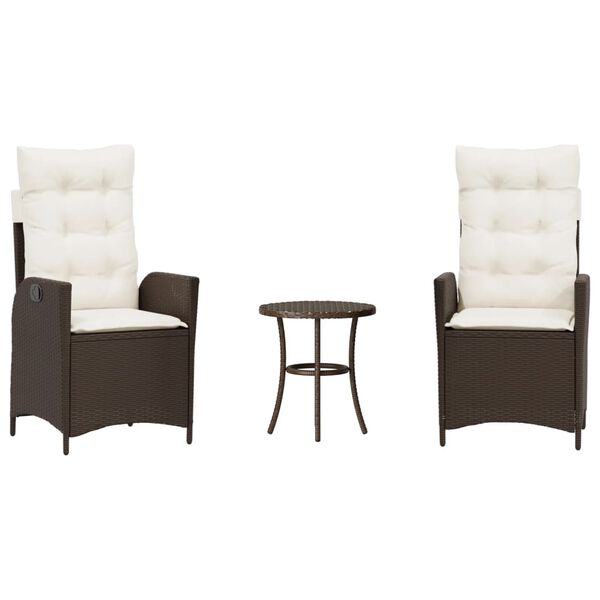 vidaXL Sillas y mesita de jard&iacute;n con cojines 3 piezas rat&aacute;n PE marr&oacute;n