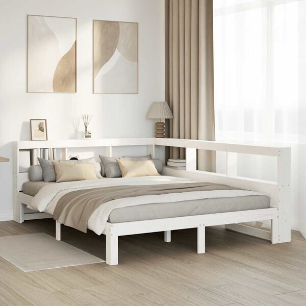 vidaXL Cama con estanter&iacute;a sin colch&oacute;n madera maciza blanca 140x190 cm