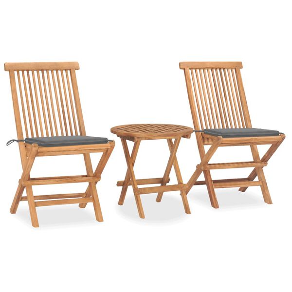 vidaXL Set comedor de jardín plegable 3 piezas madera de teca cojines
