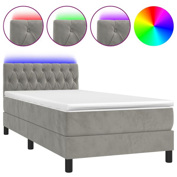vidaXL Cama box spring colch&oacute;n y LED terciopelo gris claro 90x190 cm