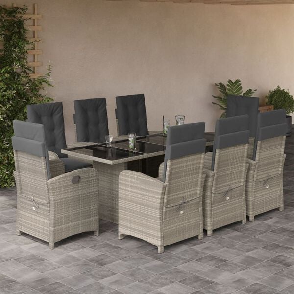 vidaXL Set comedor de jard&iacute;n 9 pzas cojines rat&aacute;n sint&eacute;tico gris claro