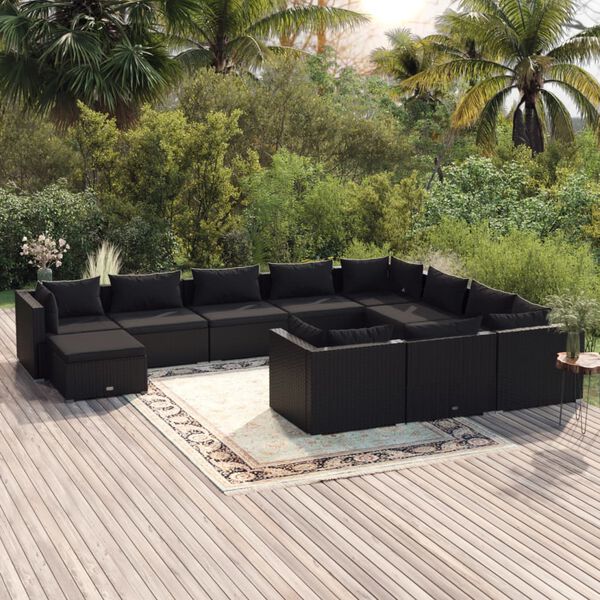 vidaXL Set de muebles de jard&iacute;n 11 pzas cojines rat&aacute;n sint&eacute;tico negro