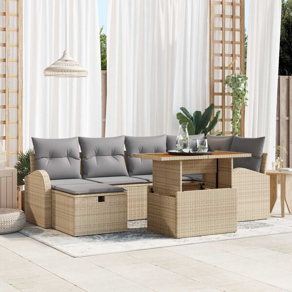 vidaXL Conjunto de sof&aacute; de jard&iacute;n 7 pcs Beige rat&aacute;n sint&eacute;tico