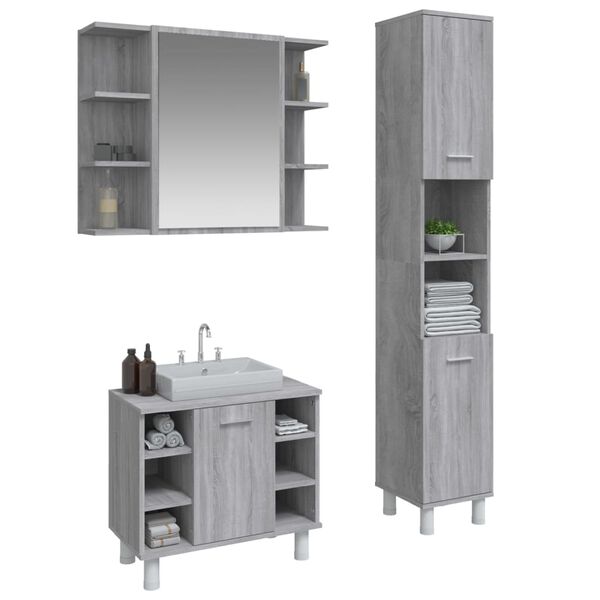 vidaXL Set de muebles de ba&ntilde;o 3 pzas madera contrachapada gris sonoma