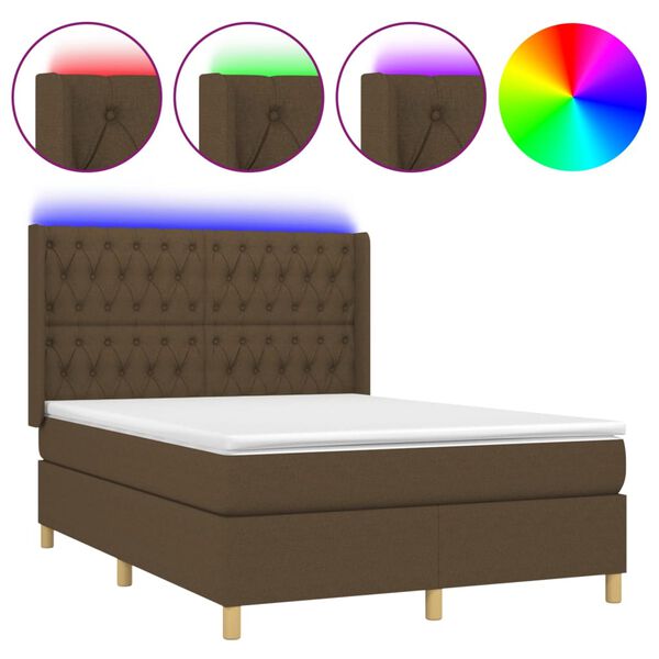 vidaXL Cama box spring colch&oacute;n luces LED tela marr&oacute;n oscuro 140x190 cm