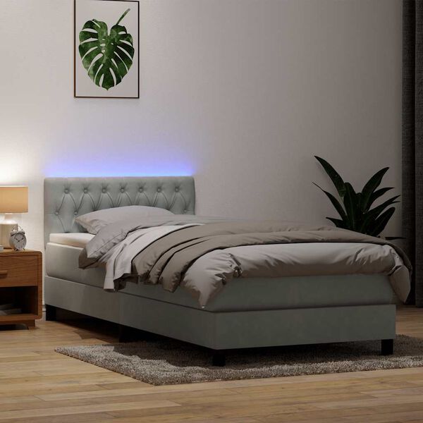 vidaXL Cama box spring con colch&oacute;n y LED terciopelo gris claro 90x220 cm