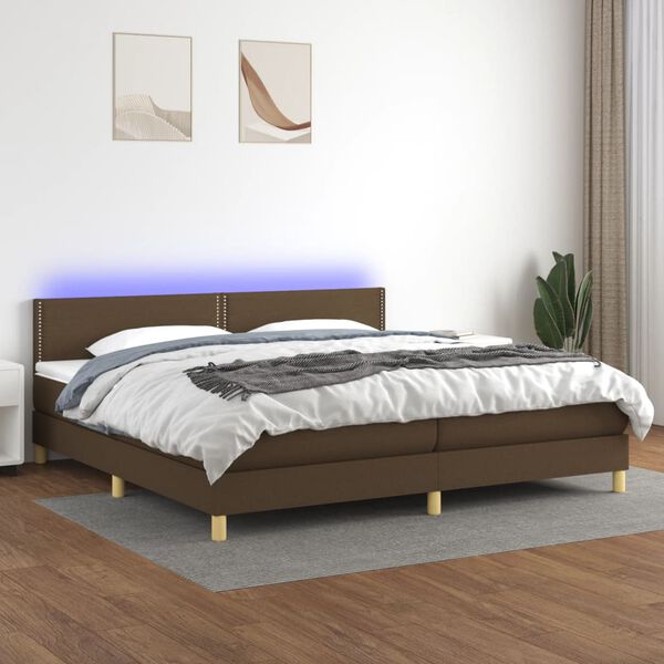 vidaXL Cama box spring con colch&oacute;n LED tela marr&oacute;n oscuro 200x200 cm