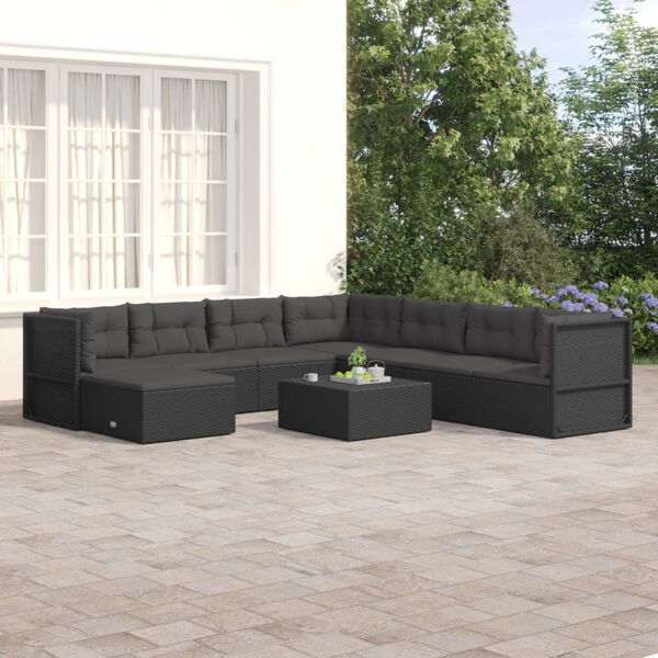 vidaXL Set de muebles de jard&iacute;n 8 pzas y cojines rat&aacute;n sint&eacute;tico negro