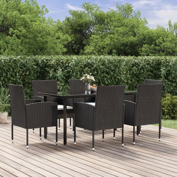 vidaXL Set de comedor de jard&iacute;n 7 pzas y cojines rat&aacute;n sint&eacute;tico negro