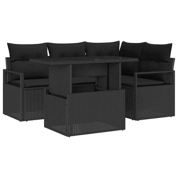 vidaXL Conjunto de sof&aacute; de jard&iacute;n con coj&iacute;n 5 pcs Negro Polirat&aacute;n