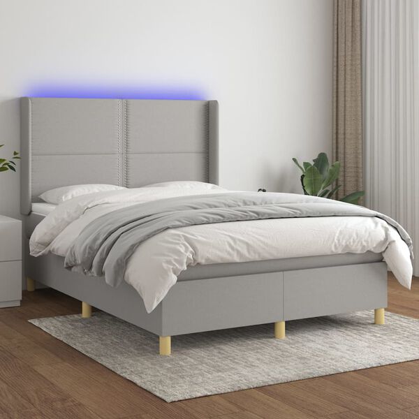 vidaXL Cama box spring colch&oacute;n y luces LED tela gris claro 140x200 cm
